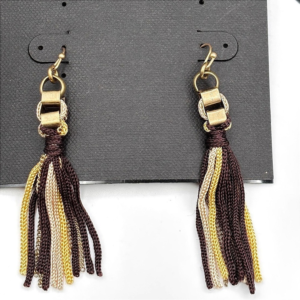 Cookie Lee VTG Y2K Tassel Dangle Earrings Brown Gold Thread Fringe Boho Jewelry